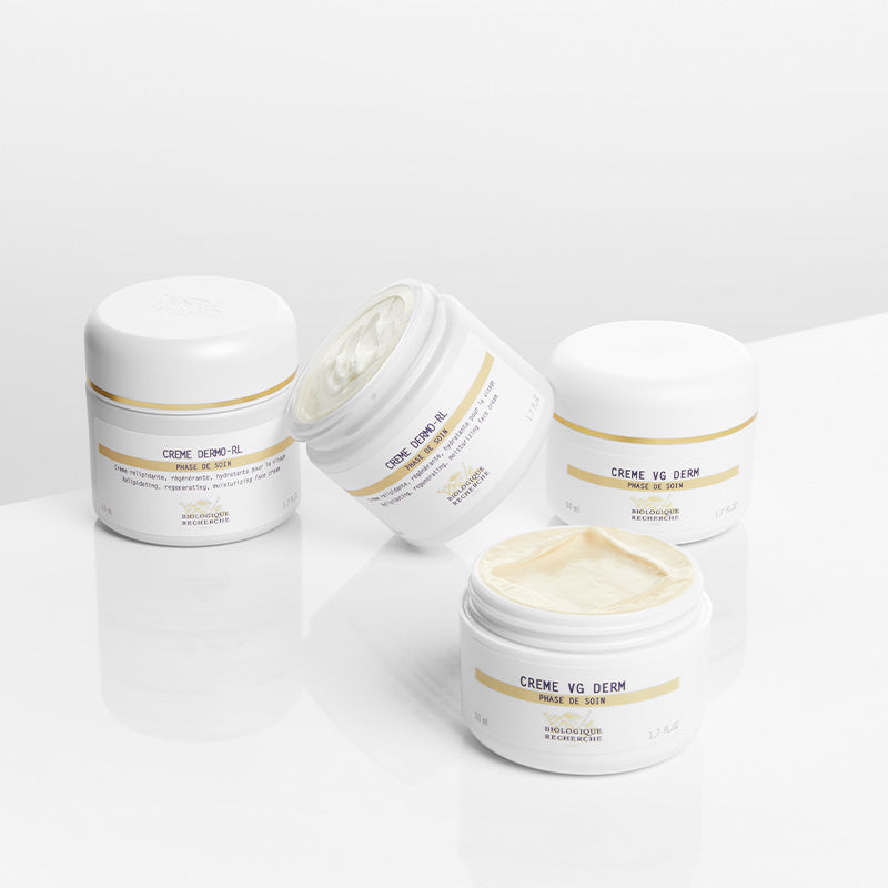 Crème VG Derm van Biologique Recherche in vier potten met rijke, voedende huidverzorging voor droge huid.