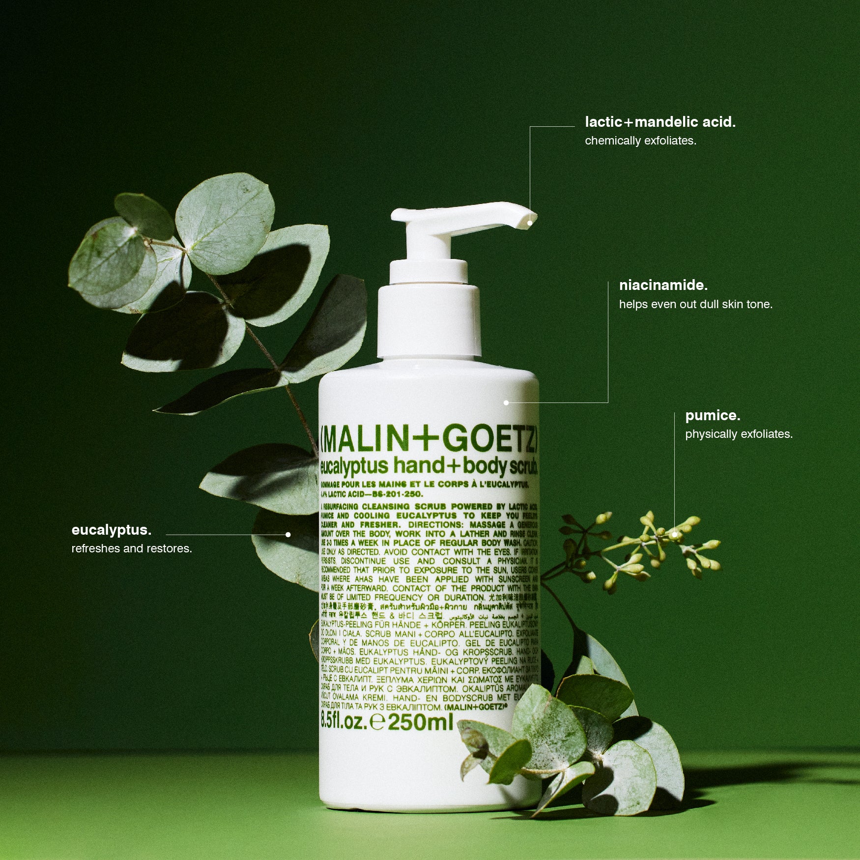 (MALIN+GOETZ) Eucalyptus Hand+Body Scrub 250ml BS-201-250 850046885242 Bad & Douche,Exfoliant,Huidverzorging,Lichaam,Lichaamsverzorging,Merk_(MALIN + GOETZ) Malin+Goetz Skin Care RETREAT