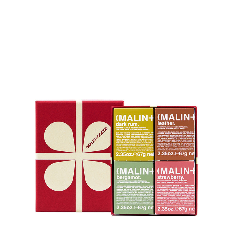 Malin+Goetz Scent the mood | dark rum scented candle + leather scented candle + bergamot scented canlde + strawberry scented candle | VC-SET-25 | 850056040631 | RETREAT
