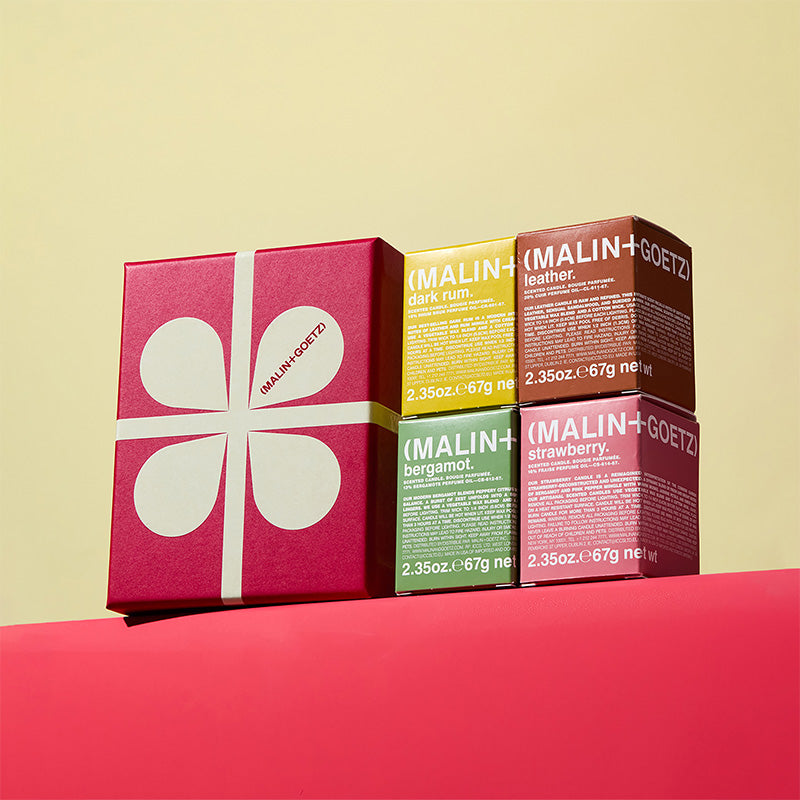 Malin+Goetz Scent the mood | dark rum scented candle + leather scented candle + bergamot scented canlde + strawberry scented candle | VC-SET-25 | 850056040631 | RETREAT