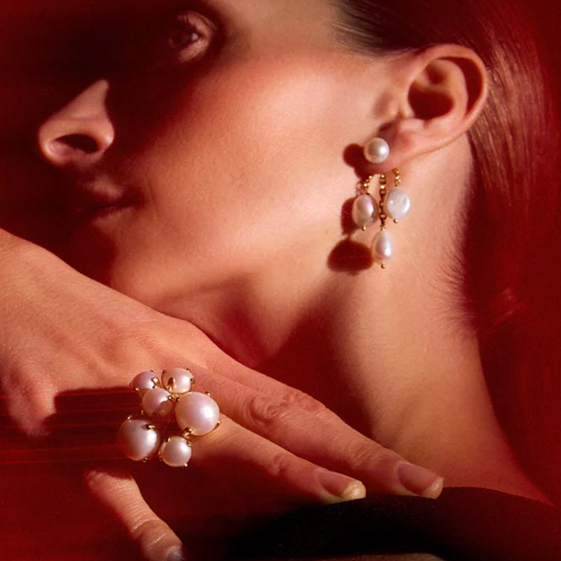 Pendant post earrings with pearls, Wouters & Hendrix, RETREAT